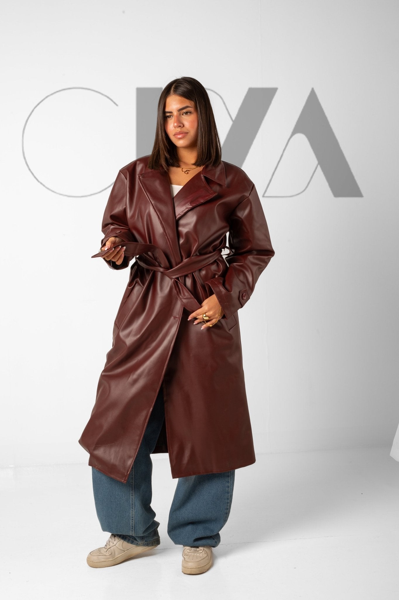 Leather Trench Coat - Burgundy - CIVA