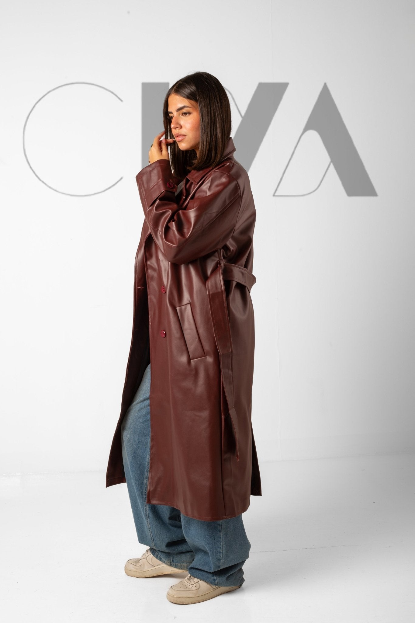 Leather Trench Coat - Burgundy - CIVA