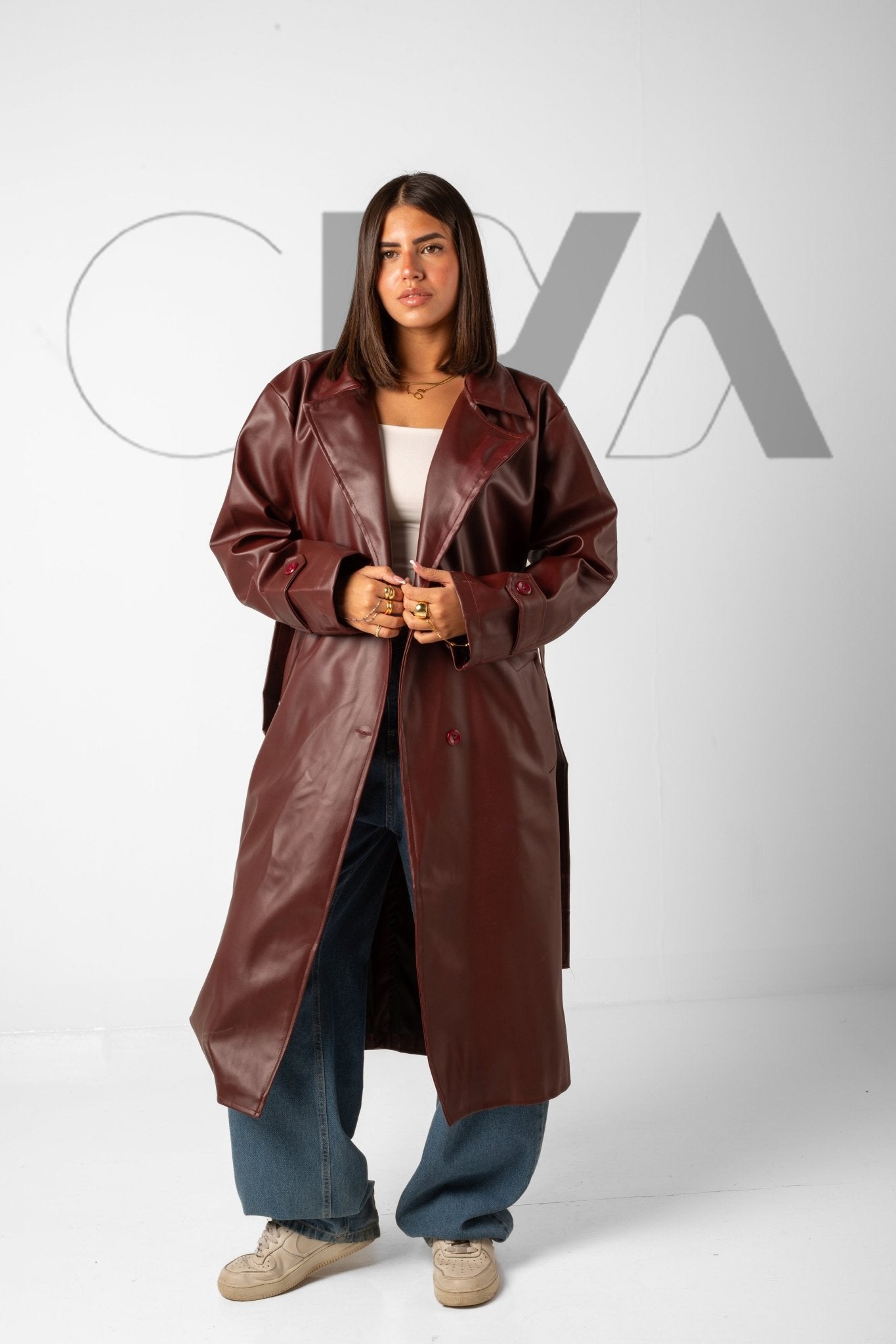 Leather Trench Coat - Burgundy - CIVA
